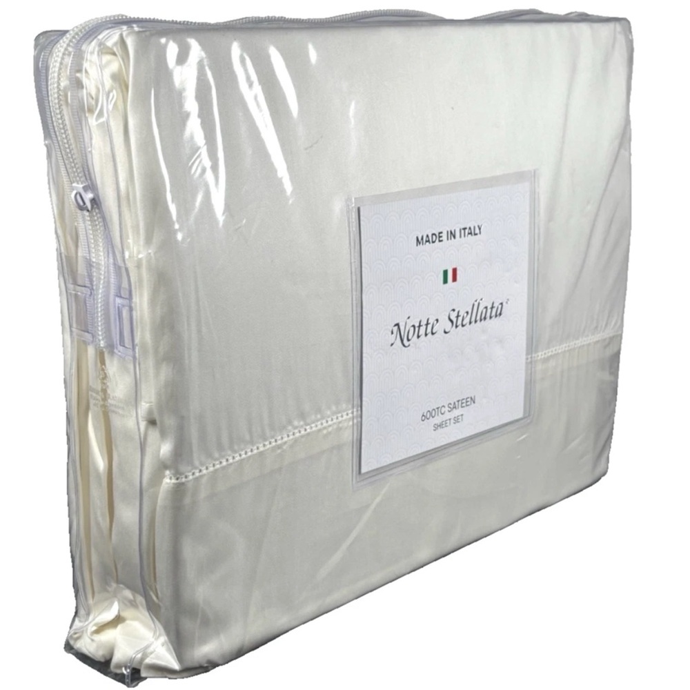 Notte Stellata King Sheet Set 600TC Cotton Sateen Ivory Made in Italy Luxury